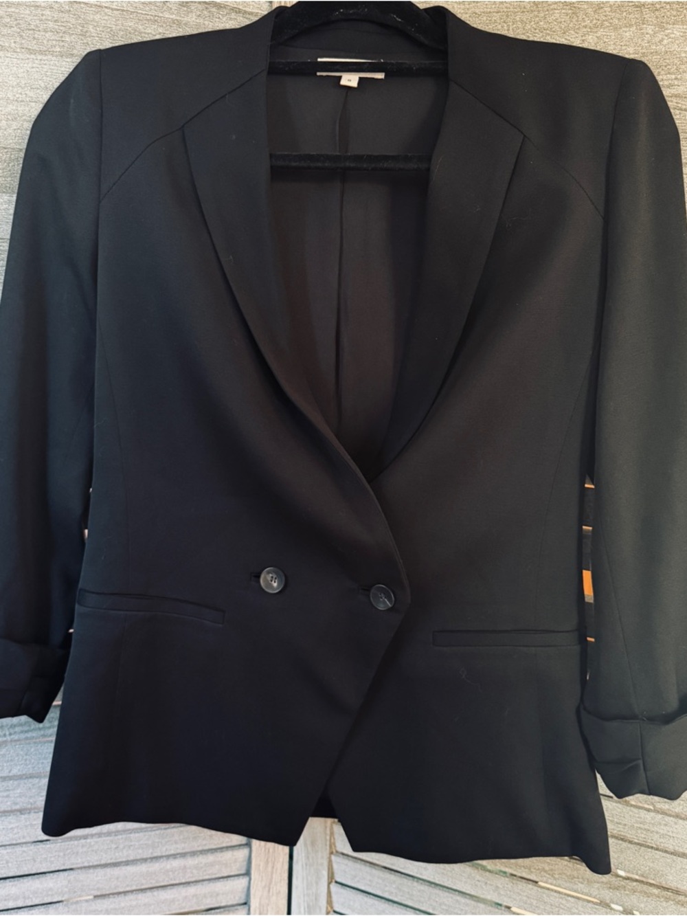 Helmut Lang Black Wool Silk Lined Blazer Sz 0 Double Breasted Rolled Sleeve